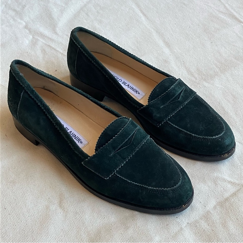 Manolo Blahnik Green Suede Loafers 6